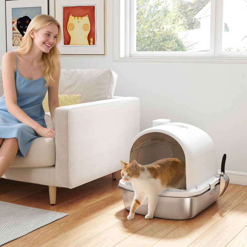 PawHut Maison de toilette pour chat bac à litière fermé bac acier inoxydable, nettoyage facile, 52,4 x 41,3 x 39,9 cm, blanc