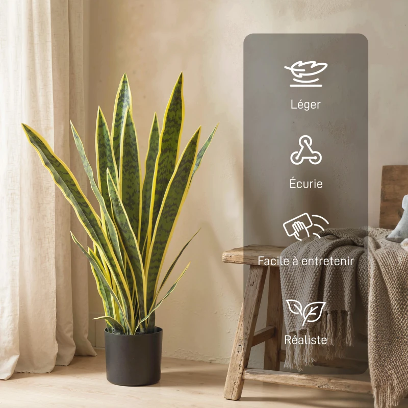 Outsunny Plante Artificielle Sansevieria 77 cm avec 21 Feuilles Ajustables et Pot, Facile à Nettoyer, pour Bureau, Chambre, Vert