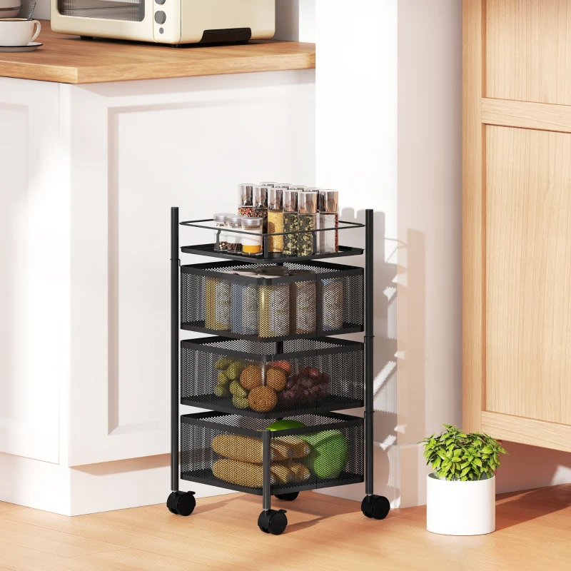 HOMCOM Carrello Cucina a 3 Livelli con Cestini in Metallo Girevoli, Ruote e Freno, 27.5x27.5x62 cm, Nero