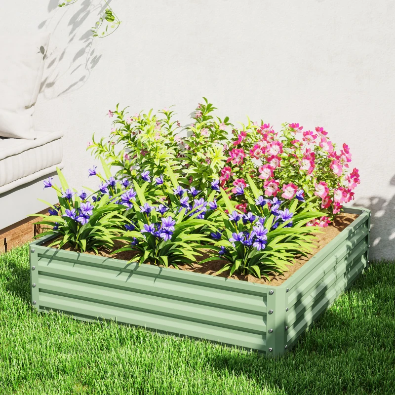 Outsunny Square Raised Garden Bed Box with Weatherized Steel Frame for Vegetables, Flowers, & Herbs, 120 x 120 x 30cm, Light Green