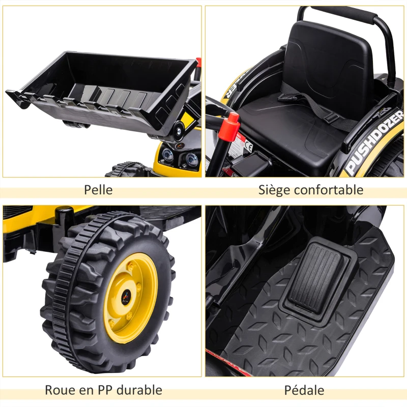 HOMCOM Tracteur électrique Enfant - tractopelle Enfants 6V - V. Max. 2,5 Km/h - Effets Lumineux sonores - Pelle Manuelle - métal PP Noir Jaune(m-5)