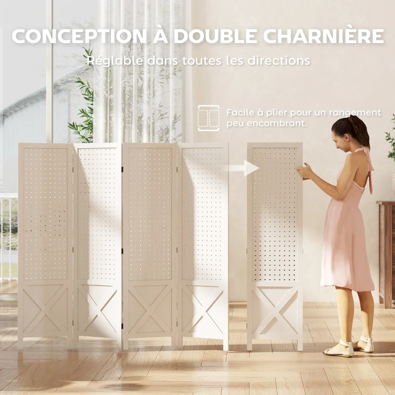 HOMCOM Paravent intérieur en bois 4 panneaux séparateur de pièce pliable panneau perforé 152 x 1,7 x 144,5 cm blanc