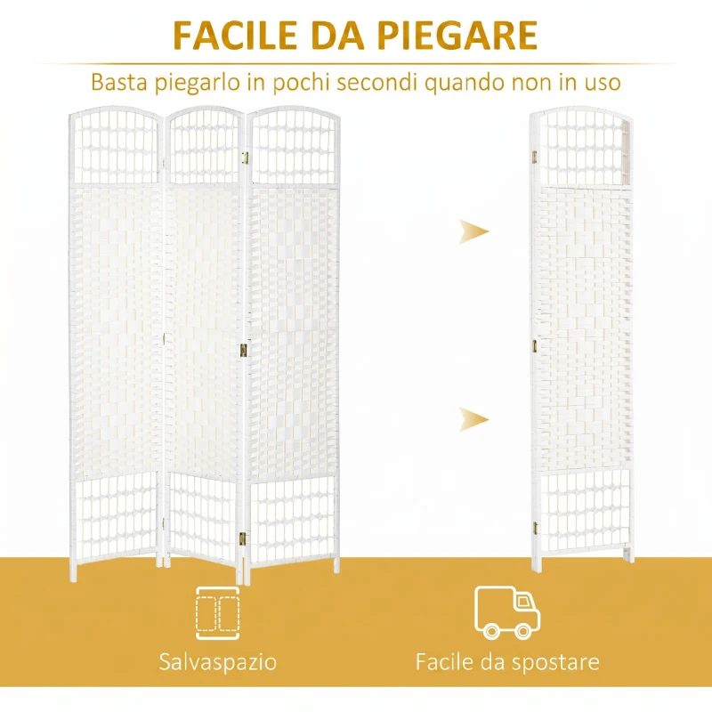 HOMCOM Paravento a 3 Ante Pieghevole per Interni, Autoportante e Intrecciato, 120x170 cm, Bianco