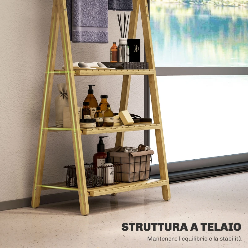 HOMCOM Scaffale Bagno 3 Ripiani con Porta Asciugamani a 3 Barre, Autoportante e Pieghevole in Legno di Bambù