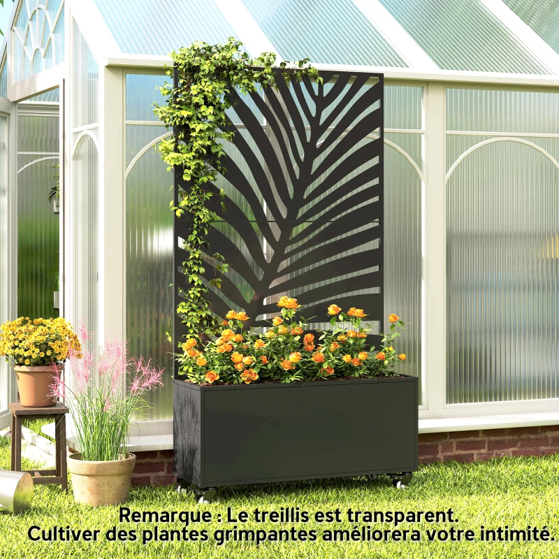 Outsunny Jardinière avec treillis, bac à fleurs, avec brise-vue et roulettes verrouillables, métal, 90 x 30 x 160 cm, noir