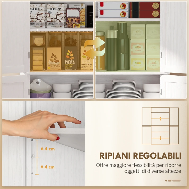 HOMCOM Mobile Cucina Alto con 6 Ripiani Regolabili e 2 Ante in Legno, 76x40.5x184 cm, Bianco