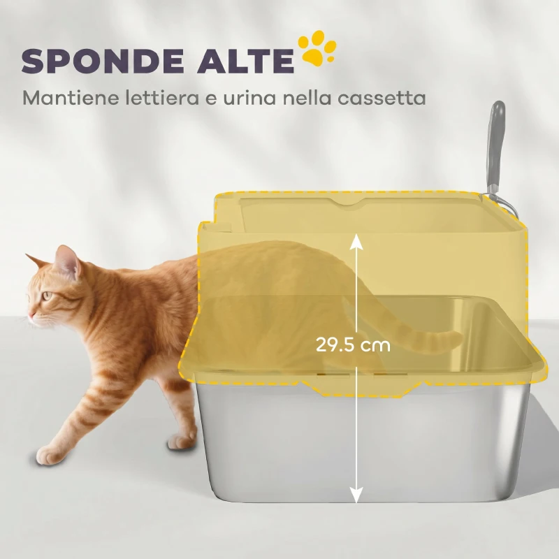 PawHut Lettiera per Gatti XL in Acciaio Inox con Paletta, Lati Alti, Antiperdita, Antiodore, Fino a 7 kg, Grigio
