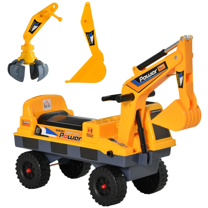 HOMCOM Porteur Enfant tractopelle 2-3 Ans Pelleteuse articulée avec Pince Incluse Effets sonores Lumineux PP Jaune(m-12)
