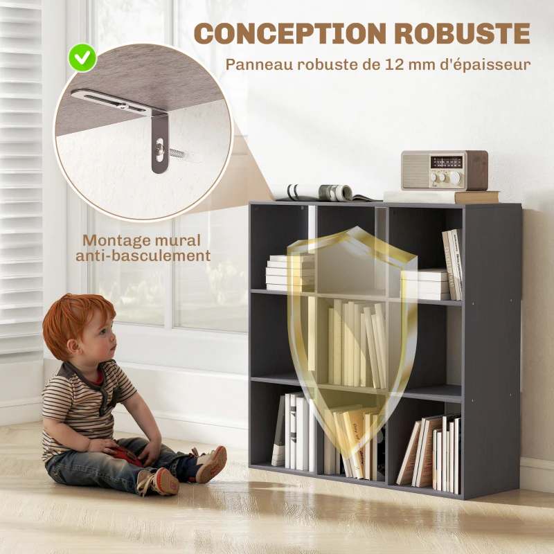 HOMCOM Bibliothèque, étagère de rangement à 3 niveaux avec 9 compartiments, pour salon, bureau, chambre, 91x29,5x91cm, gris