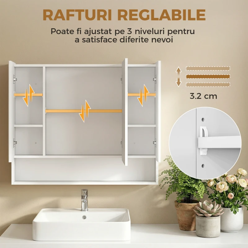 kleankin, Dulap cu Oglindă, 3 Uși Soft Close și Rafturi Reglabile, MDF, sticlă, 90 cm x 15 cm x 75 cm, Alb
