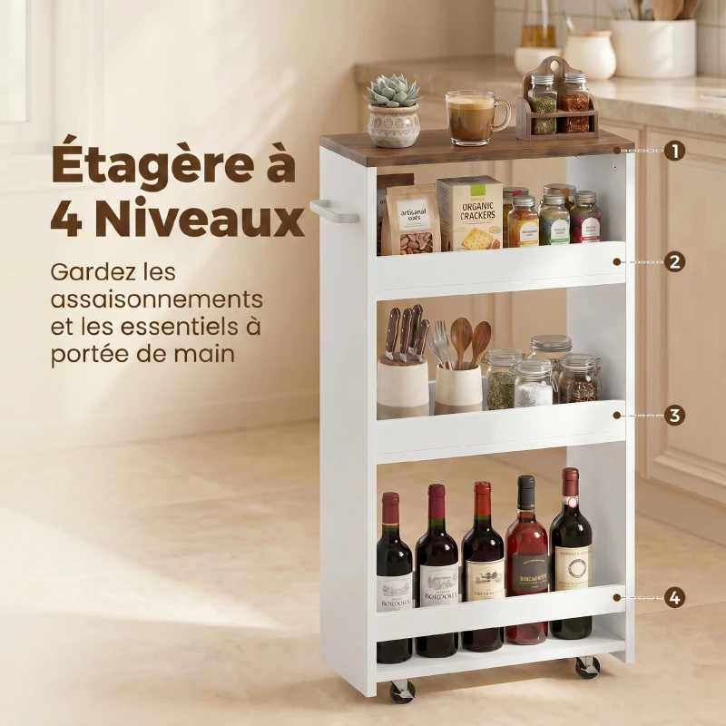 HOMCOM Desserte de Cuisine à Roulettes 4 Niveaux, Îlot Central Cuisine Étroit avec Poignée Latérale, 40 x 20 x 84 cm, Blanc