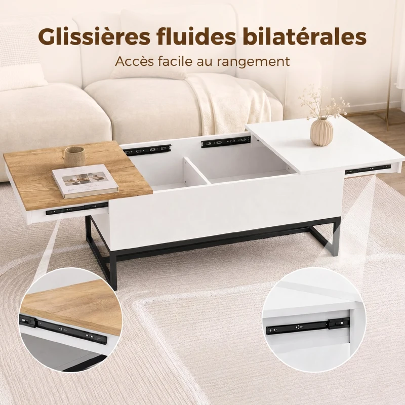 HOMCOM Table Basse Extensible avec Plateau Coulissant, Table de Salon avec Rangement Caché et Pieds en Acier, Blanc