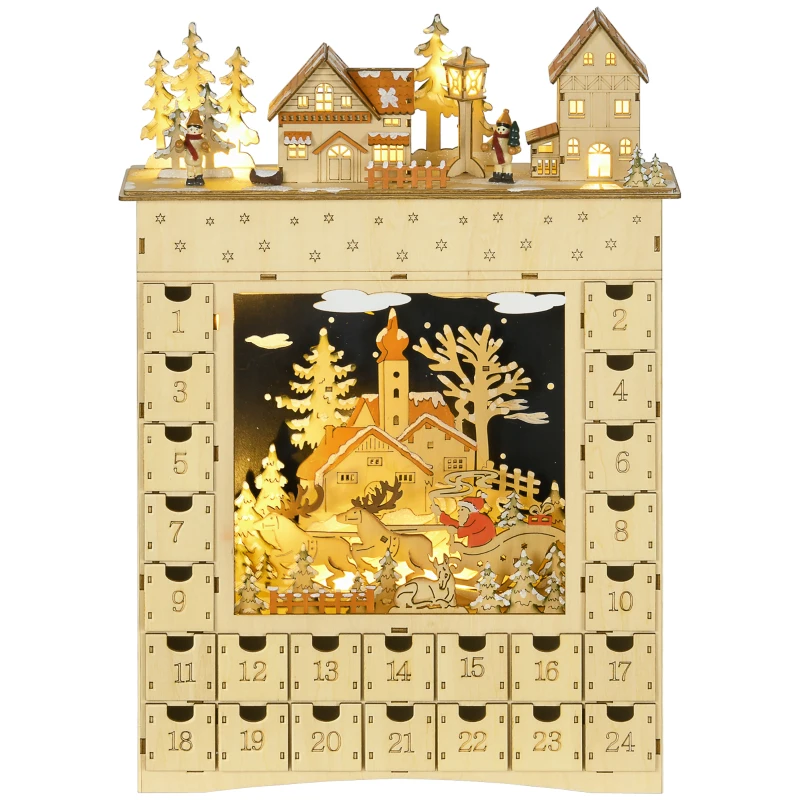 HOMCOM Calendrier de l'Avent LED en forme de village enneigé avec 24 tiroirs décoration lumineuse de Noël beige