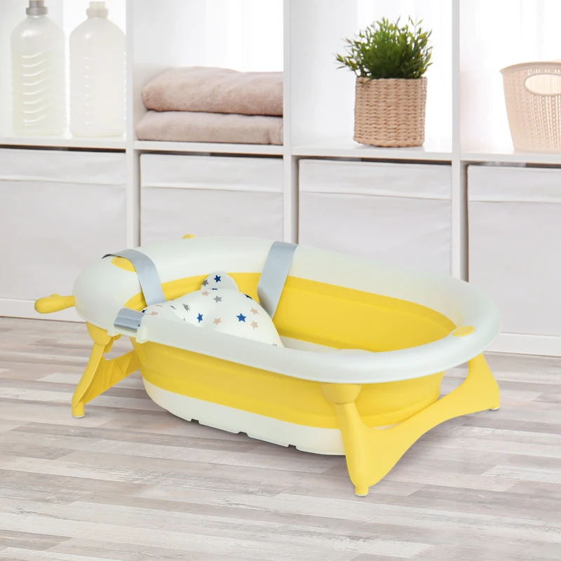 HOMCOM Vaschetta Bagnetto Pieghevole per Bambini 0-3 Anni con Indicatore di Temperatura e Cuscino, 81.5x50.5x23.5 cm, Giallo