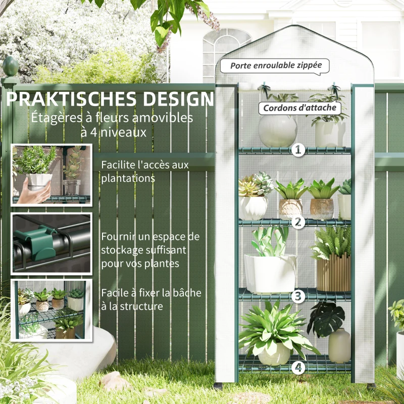 Outsunny Serre de jardin balcon étagère serre 4 niveaux 69 x 50 x 165 cm acier époxy bâche amovible PE haute densité blanc