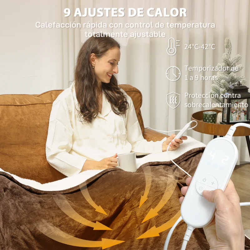 HOMCOM Manta Eléctrica 180x130 cm 9 Niveles de Temperatura Temporizador Lavar a Máquina, Pantalla LED Marrón