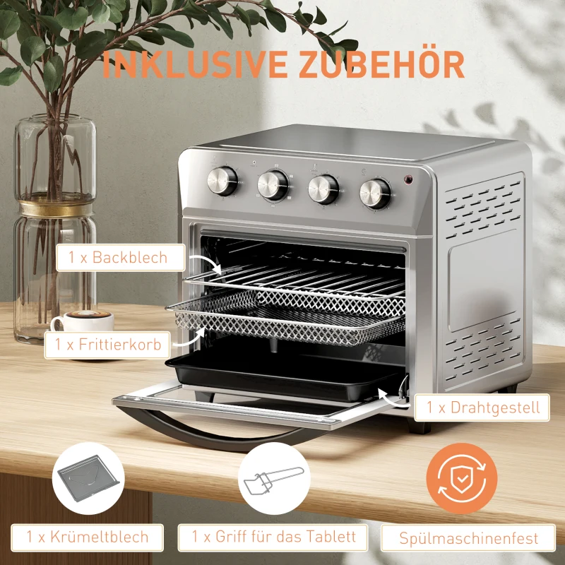HOMCOM Minibackofen mit Umluft, Heißluftfritteuse, 6 Heizmodi, Timer, Zubehör, 24L, Silber
