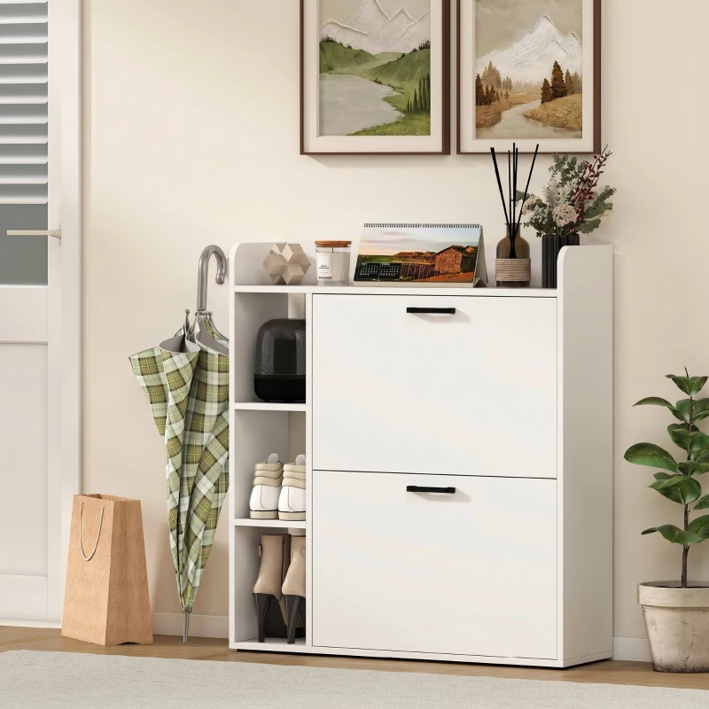 HOMCOM Meuble à chaussures 15 paires, armoire à chaussures moderne avec 2 tiroirs rabattables, 83x24x90,5cm, blanc