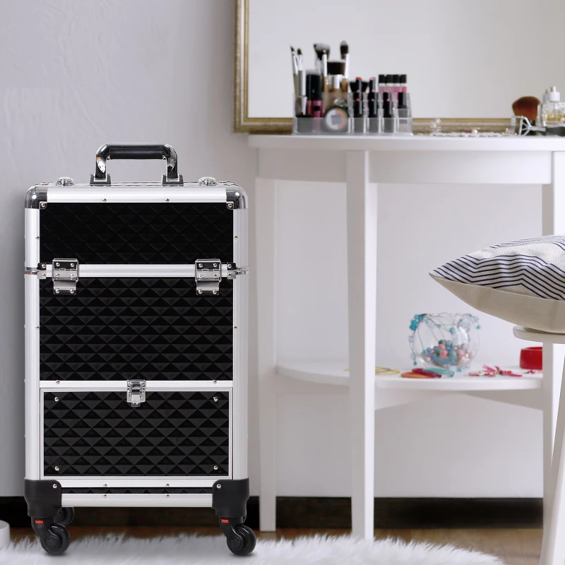 HOMCOM Valise trolley maquillage mallette cosmétique vanity poignée télescopique réglable 34L x 25l x 62H cm alu. noir