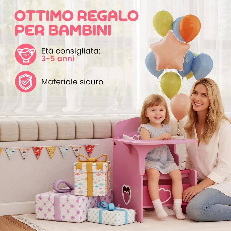 AIYAPLAY Set Tavolo e Sedia per Bambini 3-5 Anni in Legno MDF con Motivi a Cuore, Contenitore Integrato, Rosa