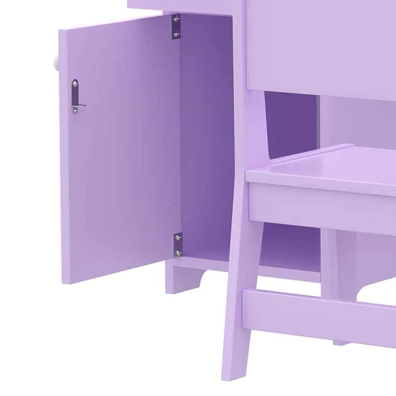 AIYAPLAY Kids Vanity Table and Chair Set, Kids Vanity Table with 2-Colour LED Mirror, Stool, Cabinet, Drawer, Shelves, Purple