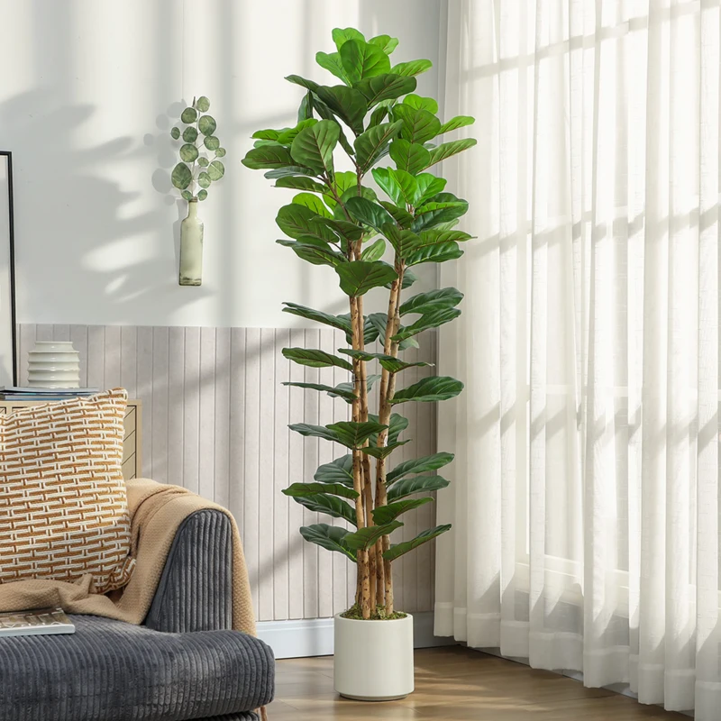 HOMCOM Plante artificielle intérieure 180 cm Figuier lyre arbre artificiel avec pot en plastique et tronc en bois massif, vert