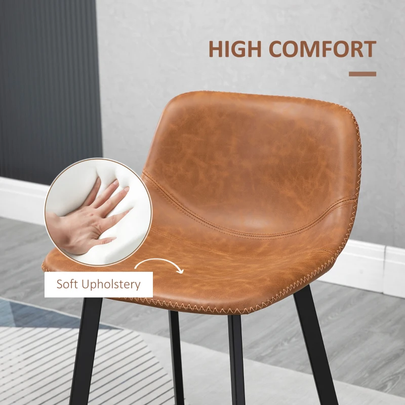 HOMCOM Bar Stools Set of 2 - Industrial Kitchen Stool, Upholstered Bar Chairs with Back, Steel Legs, Brown(m-5)