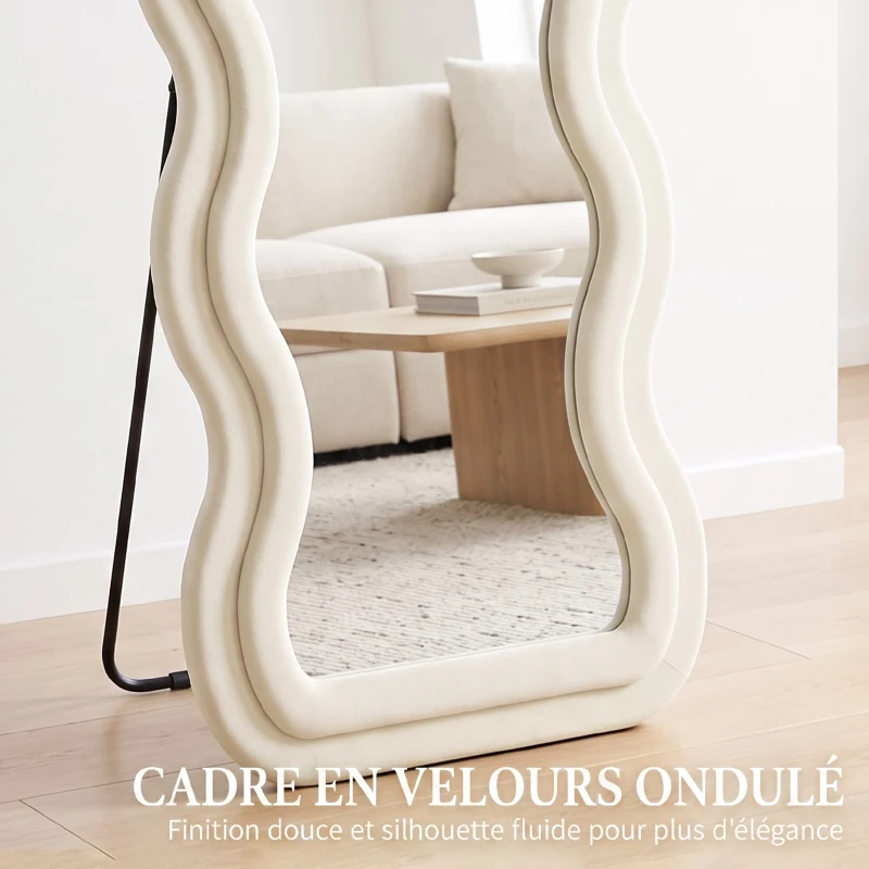 HOMCOM Miroir Pleine Longueur 160 x 60 cm, Miroir Ondulé sur Pied ou Mural, Cadre Effet Velours et Verre Trempé, Crème