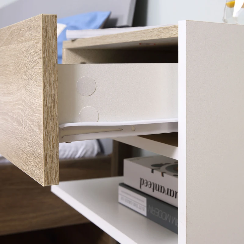 HOMCOM Set 2 Comodini Sospesi a Parete con Cassetto e Mensola Bianco e Rovere