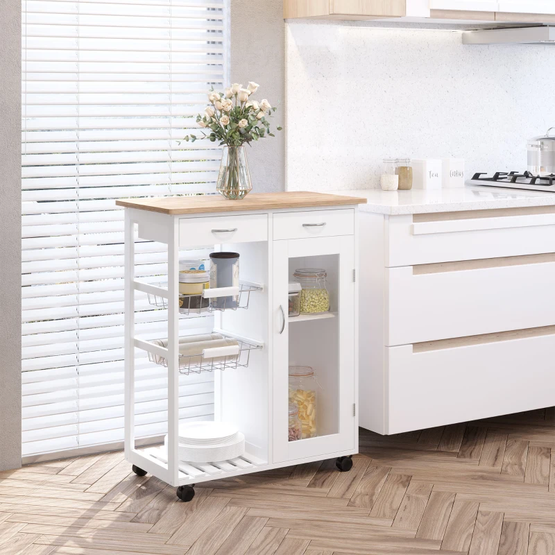 HOMCOM Carro de Cocina Multiusos Carrito Auxiliar con Ruedas para Dormitorio con Estantes Cestas Cajones 70x37x85cm Madera