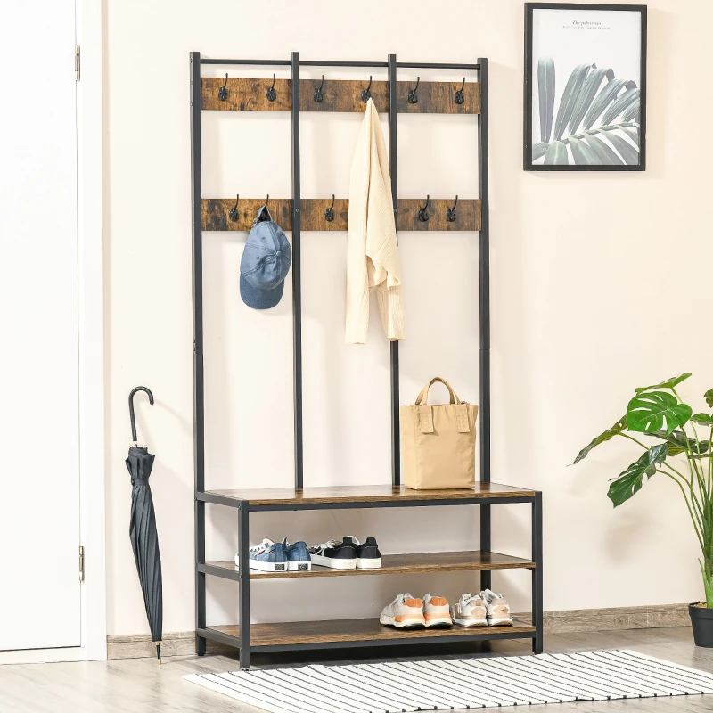 HOMCOM Coat Rack Stand, Free Standing Hall Tree, Coat Stand with Hooks, Bench and Shoe Rack, 100cm x 38.5cm x 185.5cm, Industrial Style, Rustic Brown and Black