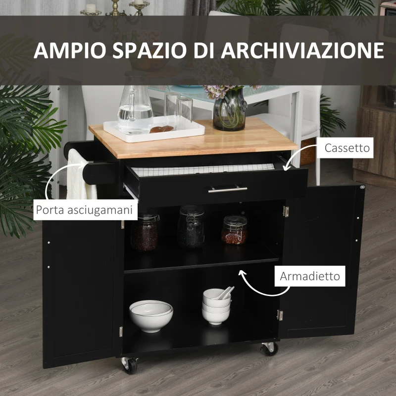 HOMCOM Carrello da Cucina con Cassetto e Armadietto 2 Ante, Ruote e Barra Laterale, 83x45x91.5cm, Nero