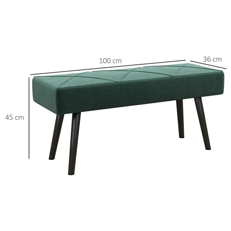 HOMCOM Panca Imbottita Fondoletto in Tessuto Effetto Velluto e Acciaio, 100x36x45 cm, Verde e Nero