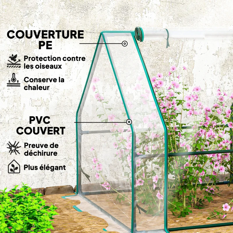 Outsunny Mini Serre de Jardin mini serre tunnel 4 fenêtres avec Zip enroulables Acier PE 140 g/m² Anti-UV 360x90x90cm Transparent