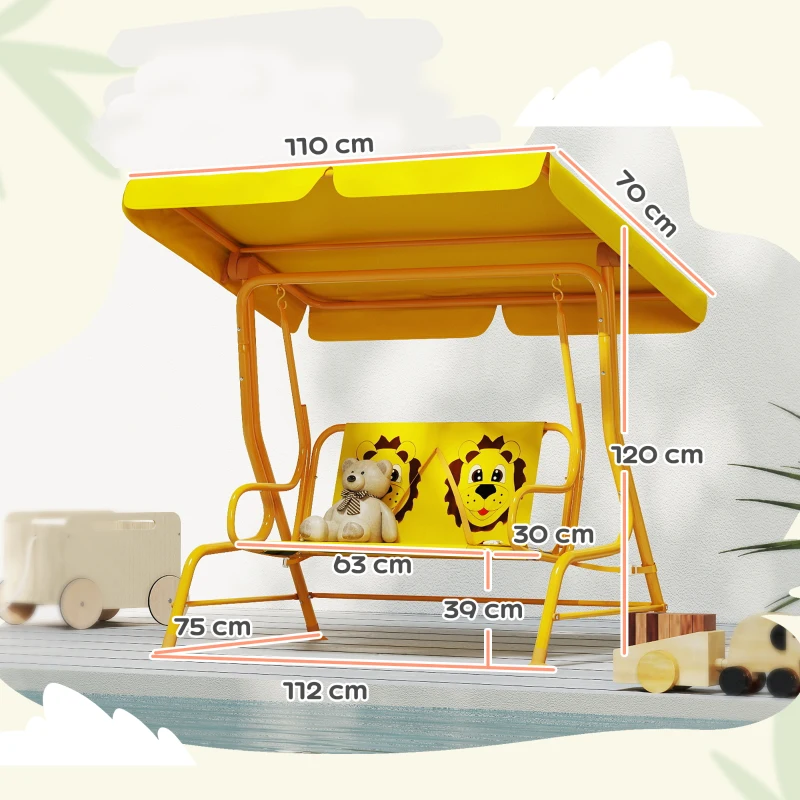 AIYAPLAY Dondolo per Bambini da Esterno a 2 Posti con Tettuccio Regolabile e Cinture di Sicurezza, 112x75x120 cm, Giallo