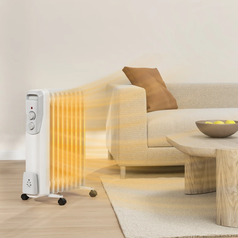 HOMCOM Radiador de Aceite Silencioso 2000W con Ruedas Temperatura Ajustable Protección contra Sobrecalentamiento Blanco