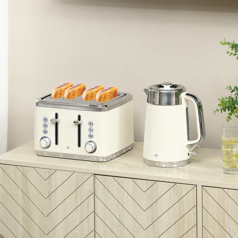 HOMCOM Electric Stainless Steel Kettle and Toaster Set, 3000W 1.7L UK Strix Thermostat Fast Boil Kettle w/ Limescale Filter, Cool Touch Body, 4 Slice Toaster with 7 Browning Levels, Cream White
