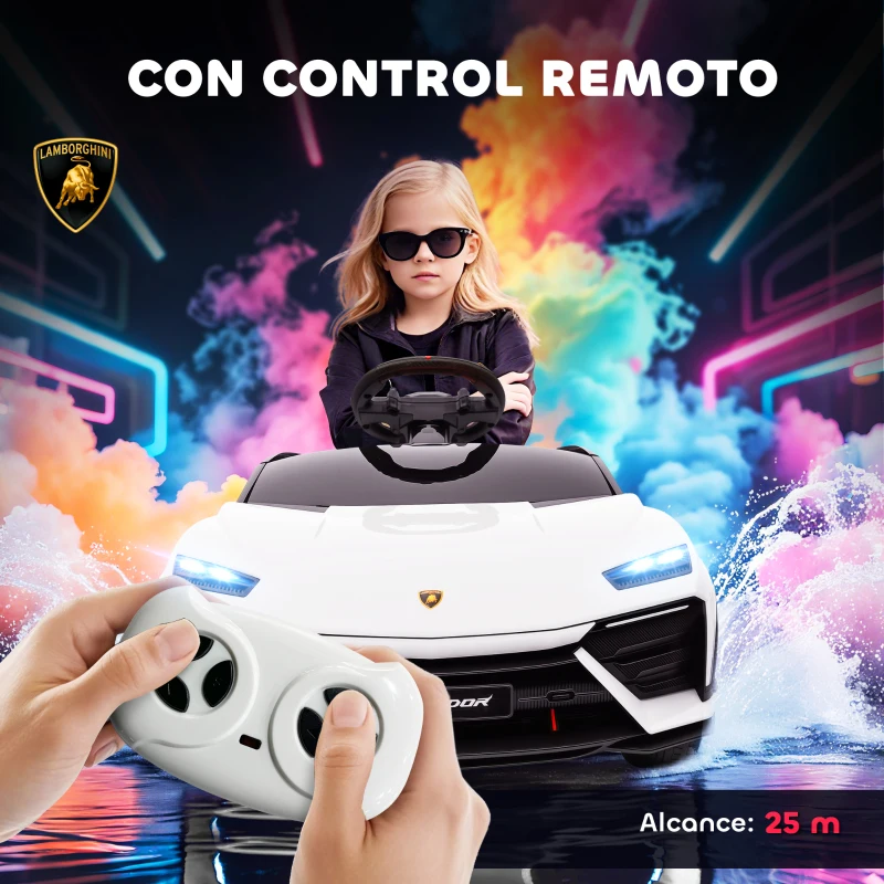 AIYAPLAY Coche Eléctrico para Niños de +3 Años con licencia Lamborghini Batería 12V Mando a Distancia 2,4 G Motor Doble Blanco