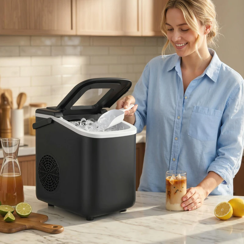 HOMCOM Countertop Ice Maker Machine 9 Cubes in 7 Mins Portable Ice Machine Ice Scoop and Basket 2 Sizes Black