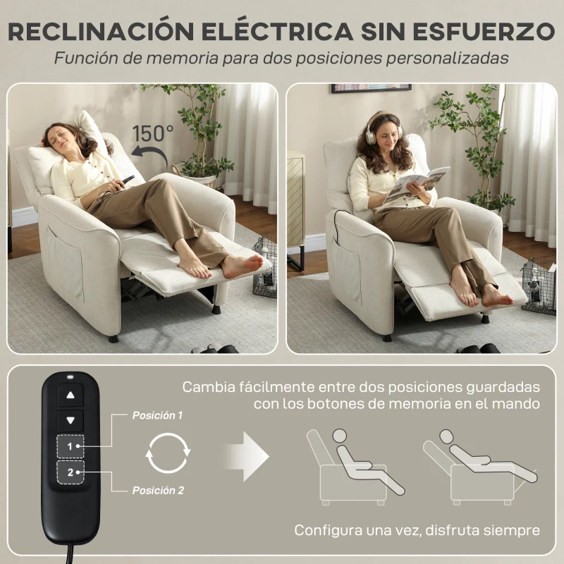HOMCOM Sillón Relax Reclinable Eléctrico con Calor Lumbar Masaje Vibración Motor Silencioso Función de Memoria Crema