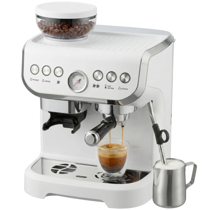 HOMCOM 15 Bar Coffee Machine, with Adjustable Grind, Steamer and Accessories - White