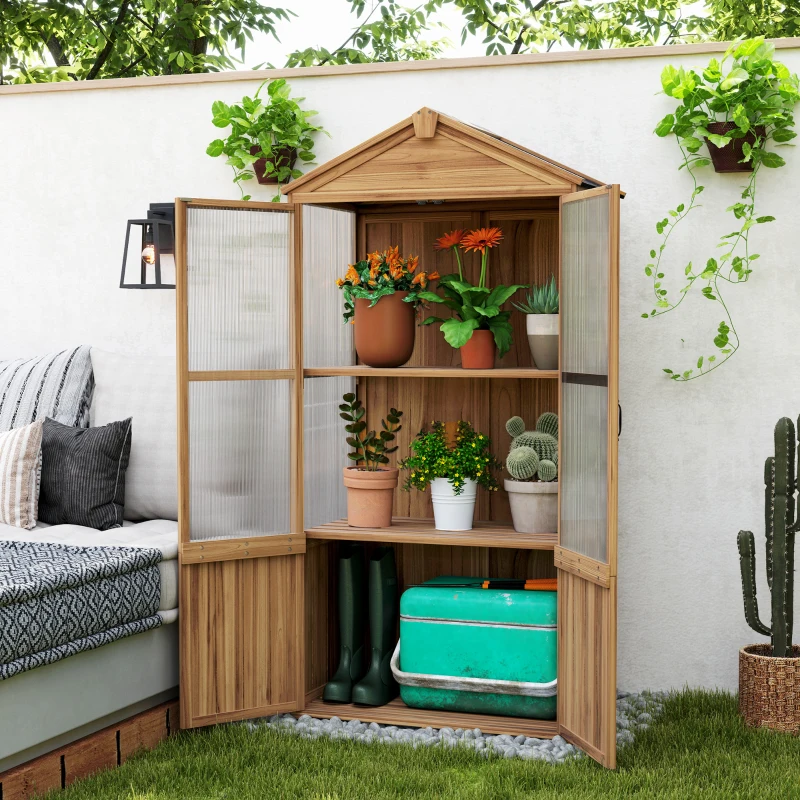 Outsunny Abri de jardin en bois armoire de jardin avec panneaux en acrylique étagères amovibles x 55 x 178 cm naturel