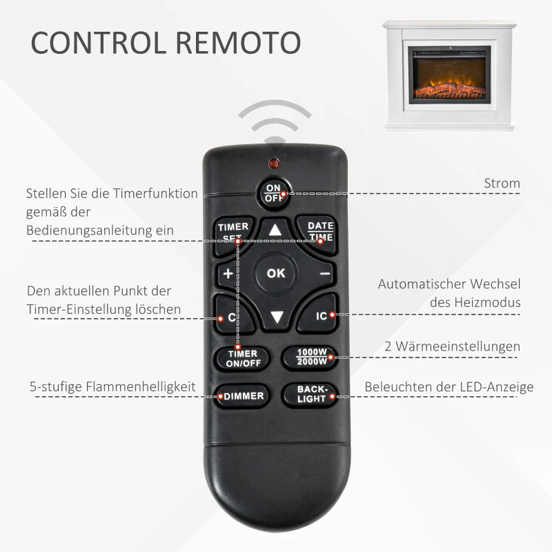 HOMCOM Elektrischer Kamin, 3D LED-Flammen, Fernbedienung, Timer, MDF, Weiß