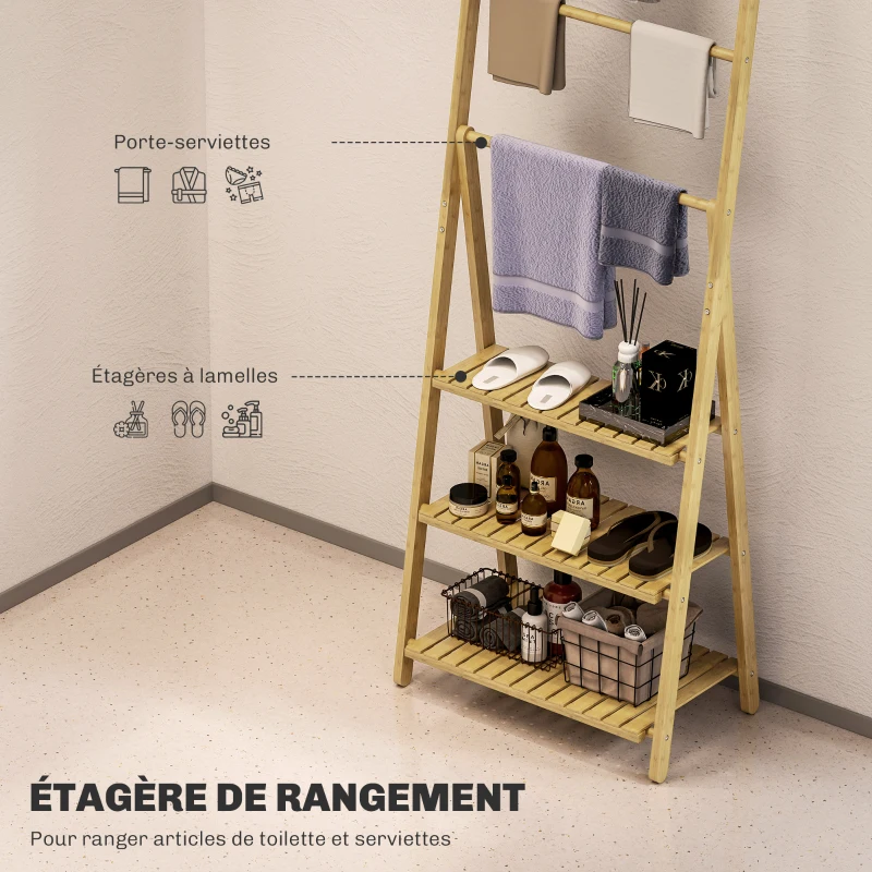 HOMCOM Étagère salle de bain en bambou pliable 3 niveaux étagère à échelle porte-serviettes 53,5x30x153cm effet bois naturel
