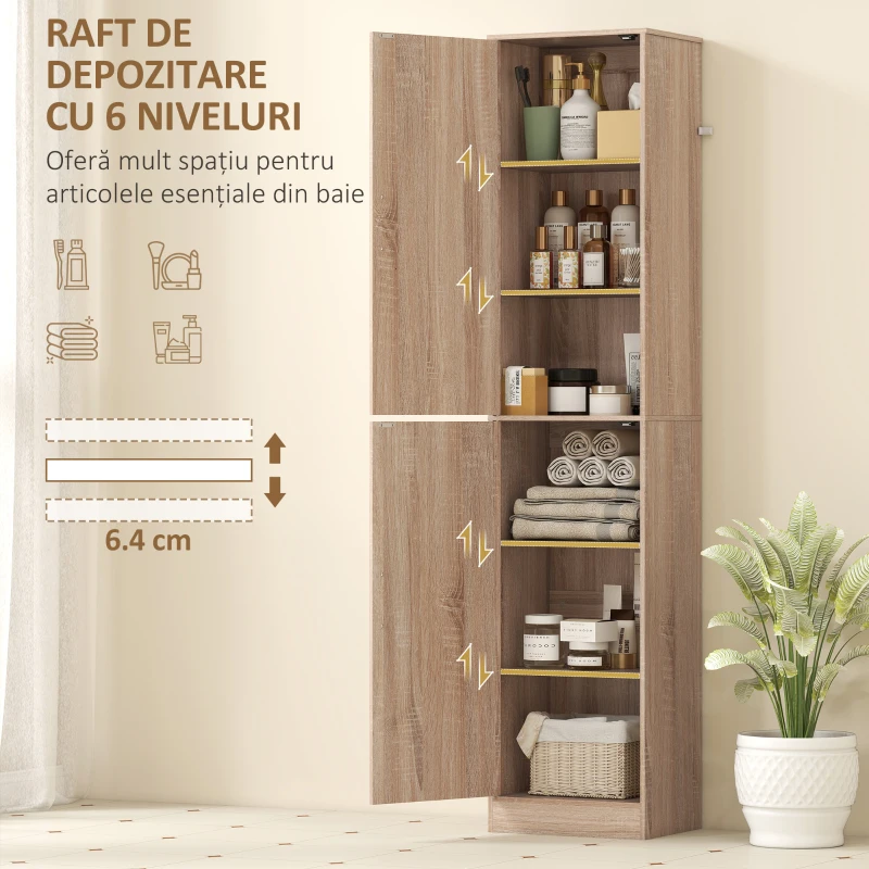HOMCOM Dulap coloană pentru baie cu 2 compartimente și 6 rafturi reglabile, aspect lemn, 40x35x180 cm, culoare lemn