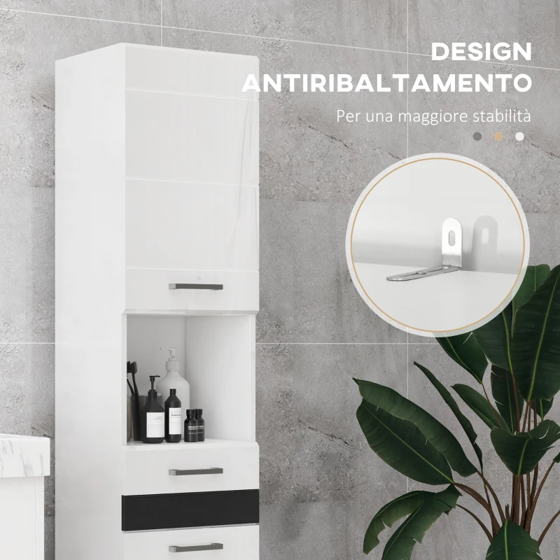 kleankin Mobile Bagno Alto a Colonna con Ante, 2 Armadietti, Mobiletto Bagno Salvaspazio con Ripiani Regolabili, Bianco Lucido