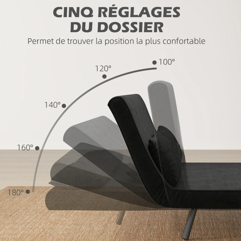 HOMCOM Canapé convertible 2 places 4 en 1, canapé-lit avec dossier réglable sur 5 niveaux, 2 coussins, 102 x 73 x 81 cm, noir
