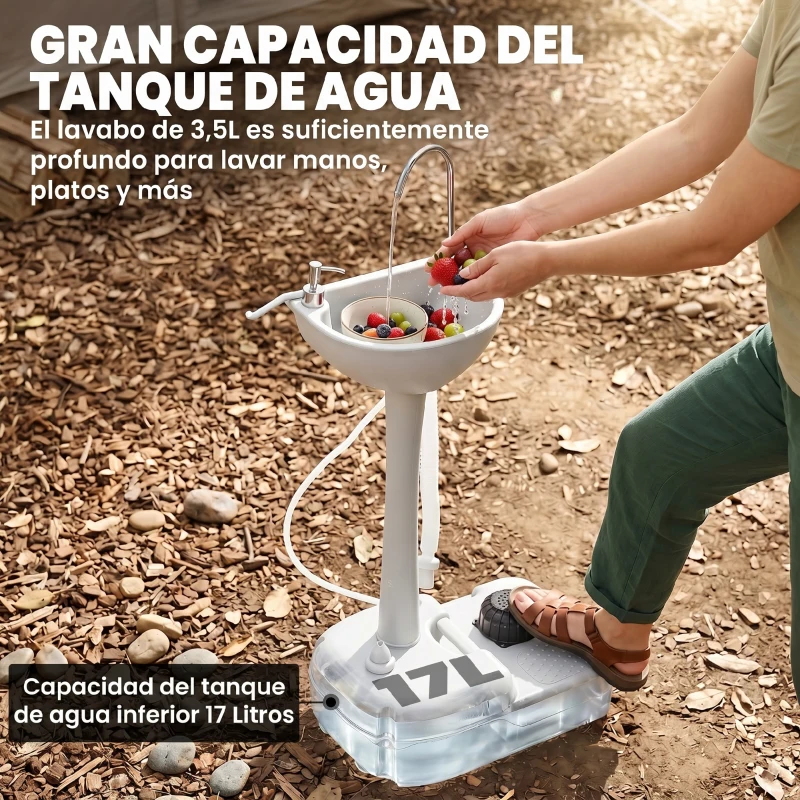 Outsunny Lavamanos Portátil Estación de Lavado para Actividades al Aire Libre y Camping con Tanque de Agua de 17L Dispensador de Jabón Toallero y 2 Ruedas HDPE para Eventos, Reuniones Gris Claro