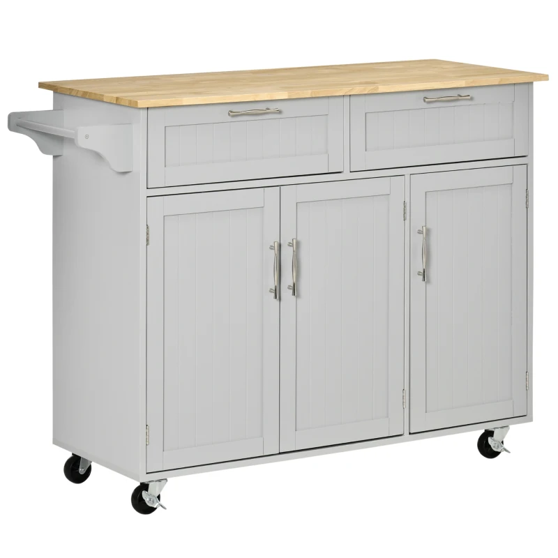 HOMCOM Carro de Cocina con Ruedas Isla de Cocina con 2 Cajones y Barra para Colgar para Comedor 121x46x91 cm Gris