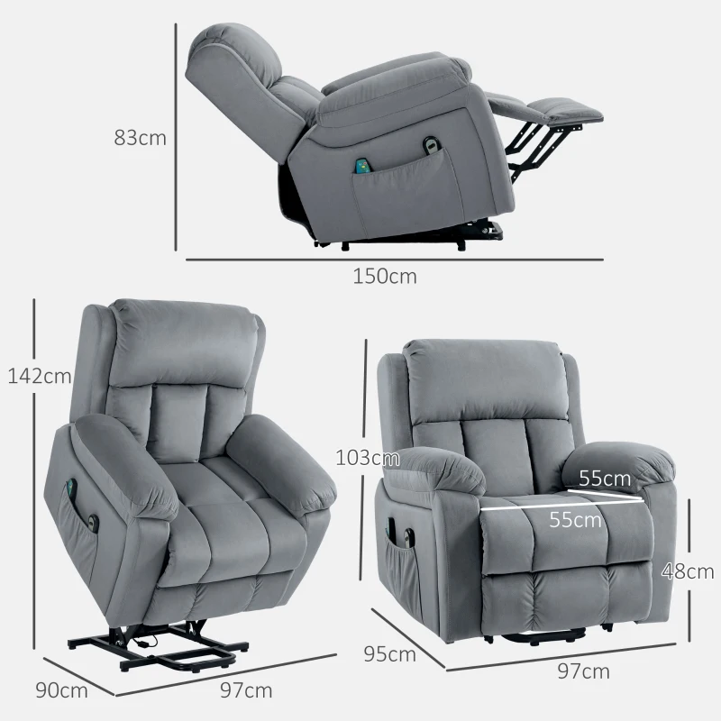 HOMCOM Sillón Levanta Personas con 8 Punto de Masaje Función de Calentamiento Mando a Distancia y Bolsillo Lateral Gris